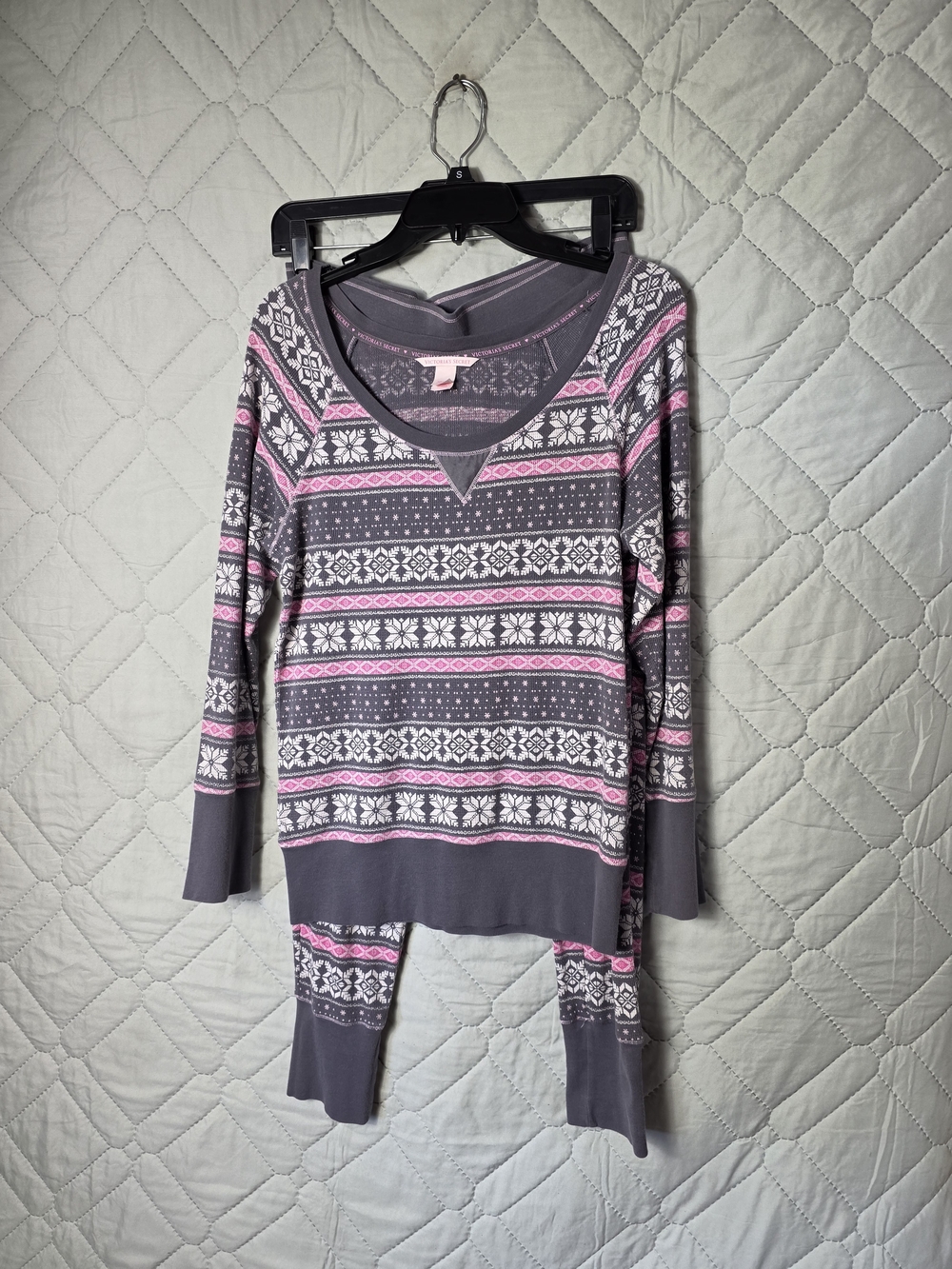 Victoria's Secret Cozy Gray & Pink Fair Isle Pajama Set Sz Small